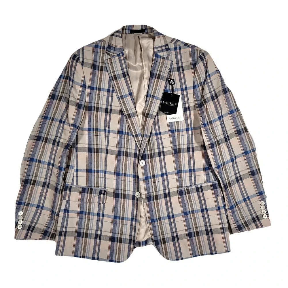 LRL Ralph Lauren Linen‎ Sport Coats Mens 38R Tan Blue Plaid Flex Blazer $295 NEW